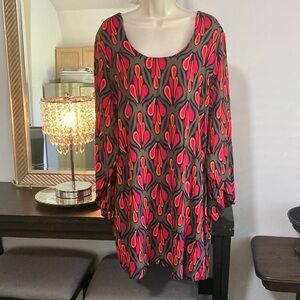 Red and Pink Graphic Long Sleeve Dress